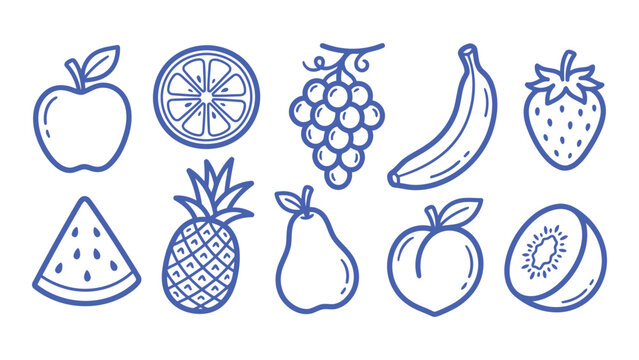 A fruit vector set with a simple doodle style featuring apple, grape, banana, strawberry, pineapple, pear and peach