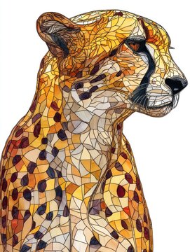 Cheetah Portrait Formed By Abstract Geometric Mosaic Tiles On A Crisp White Background