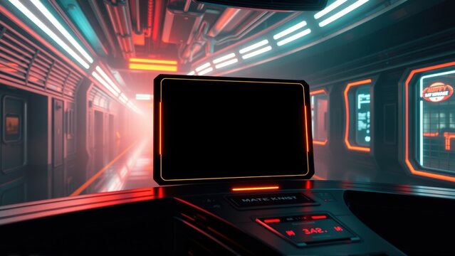 Futuristic spaceship interior. Dark corridor, glowing lights, console with blank screen. Dramatic lighting creates intense atmosphere.