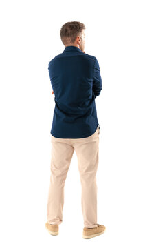 Rear view of middle aged man thinking