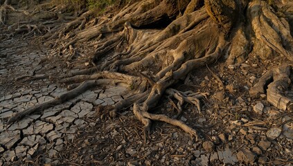 Fototapeta premium Exposed Tree Roots and Cracked Dry Earth in a Drought Affected Landscape