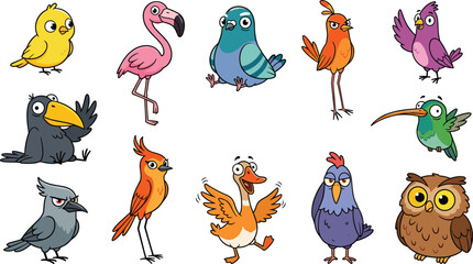 Obraz premium Cute cartoon vector set of funny colorful birds and funny characters with various expressions and poses.