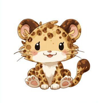 Cute Cartoon Spotted Leopard Cub Sitting Against Plain White Background Vector Illustration