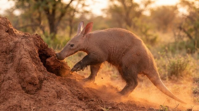 Aardvark's Dusty Dig: An aardvark emerges from its burrow, kicking up a cloud of orange dust in the warm, dry savanna environment.