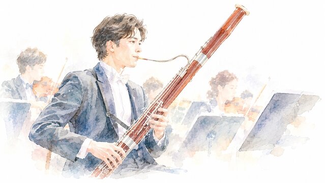 タキシードを着てオーケストラでファゴットを演奏する男性音楽家の水彩イラスト