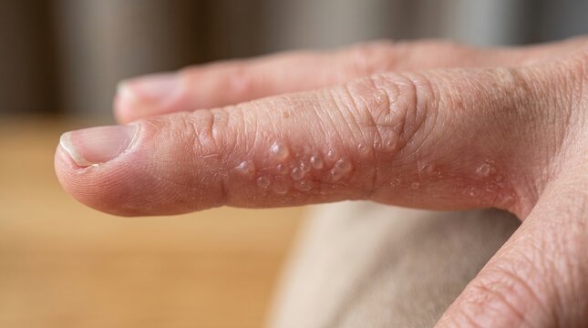 Macro Shot of Dyshidrotic Eczema Water Blisters on Human Finger