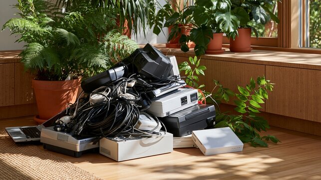 Electronic waste pile with old computer hardware and cables in room