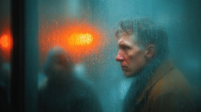 Urban scene: person waiting at bus stop, visible breath against cold glass