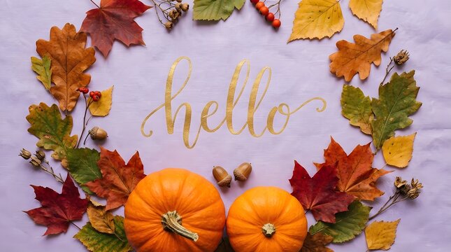 Autumn greeting card with gold calligraphy hello text surrounded by colorful fall leaves, acorns, and pumpkins on a purple background