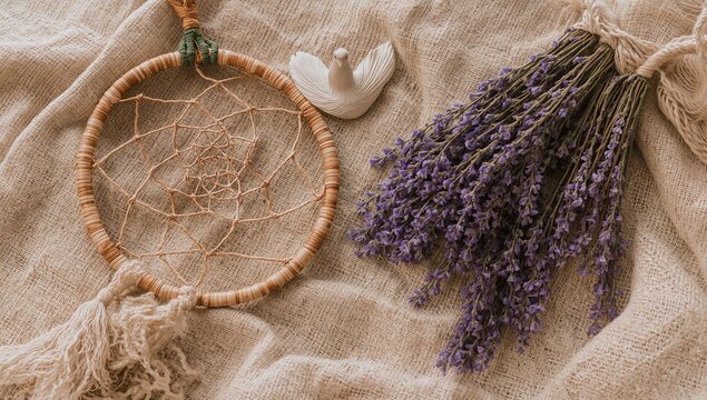 Vintage Dreamcatcher with Lavender Flowers and Shell on Rustic Fabric Background