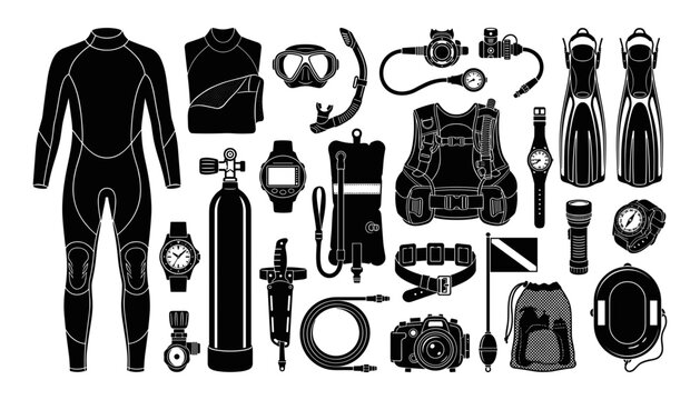 Scuba diving equipment icons collection black silhouette underwater sports and snorkeling gear