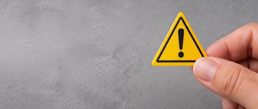 Hand holding yellow triangular warning sign with black exclamation mark on textured gray concrete background, danger alert and caution concept with copy space for text