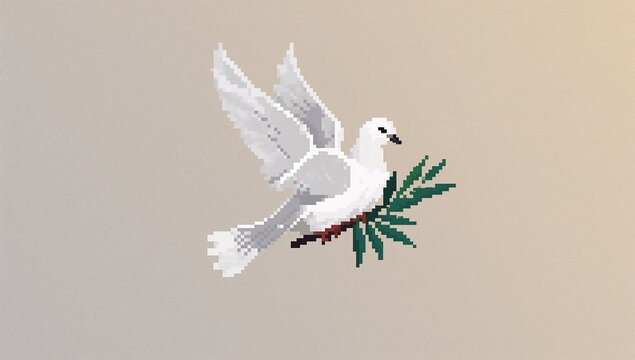 Pixelated White Dove in Flight Holding Olive Branch on Plain Background