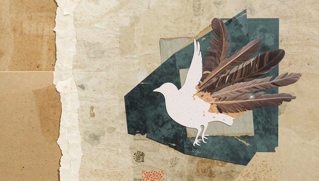 Artistic Illustration of a White Bird with Feathers in a Collage Style