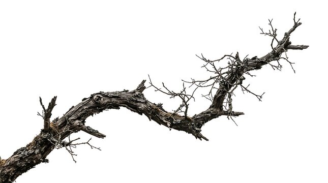 Bare tree branch with rough textured bark isolated on a clean white background
