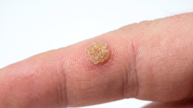 Close Up of Verruca Vulgaris Common Wart on Human Finger Showing Keratotic Papule
