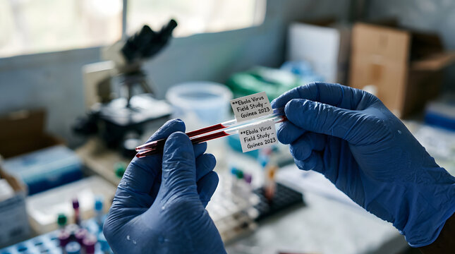 Scientist holding a blood sample tube in a clinical laboratory.