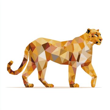Low Poly Geometric Brown Lion Walking Against A Clean White Background Digital Illustration
