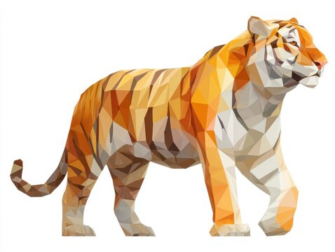 Low Poly Geometric Tiger Walking Isolated On White Background