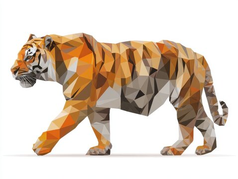 Low Poly Geometric Walking Tiger Illustration With Vibrant Orange And Brown Triangular Patterns