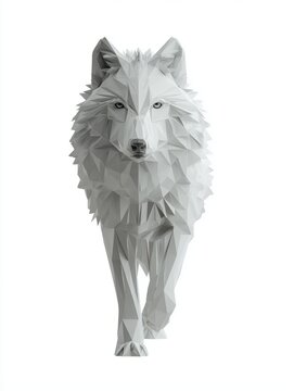 Low Poly Geometric Wolf Illustration Facing Forward On Plain White Background