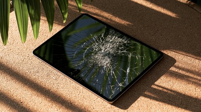Broken glass screen on digital tablet device on rustic surface in sun