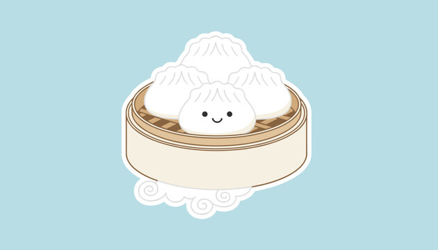 Chinese steamed buns in a traditional bamboo steamer basket with one cute smiling face on a blue background.