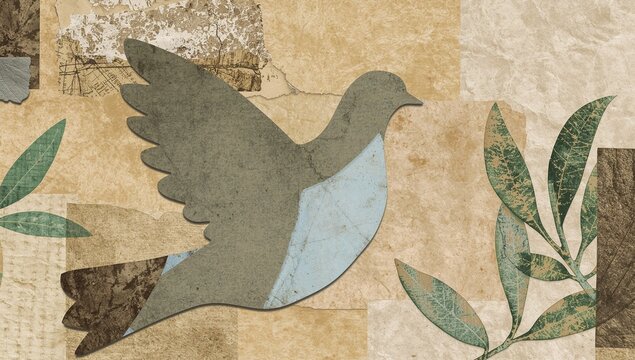 Artistic Collage of a Bird with Outstretched Wings and Green Leaf Motifs