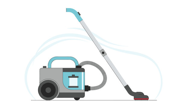Modern canister vacuum cleaner with a blue dust container and chrome extension pipe on a white background.