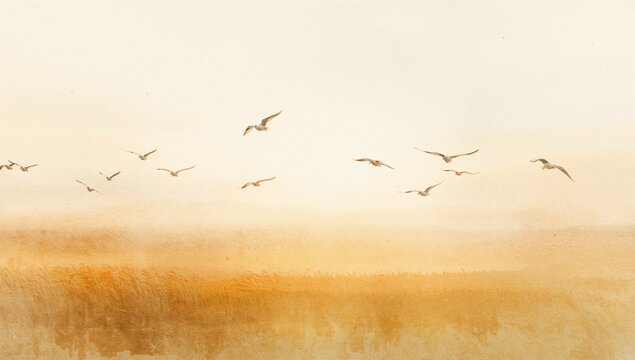 Serene Scene of Seagulls Flying Over Calm Ocean at Sunset with Soft Sky