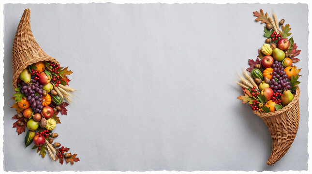 Two elegant wicker cornucopias overflowing with seasonal fruits and harvest bounty on textured gray background.