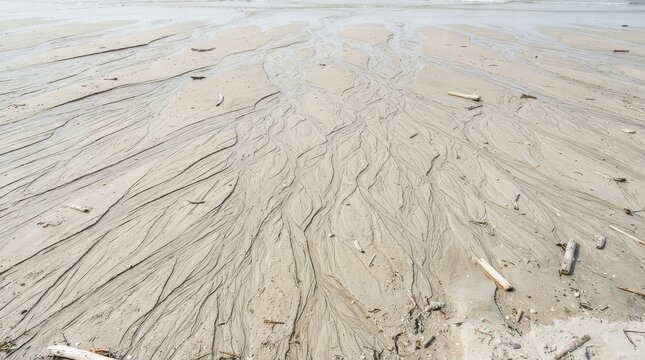 Intricate sand patterns formed by receding water on a beach