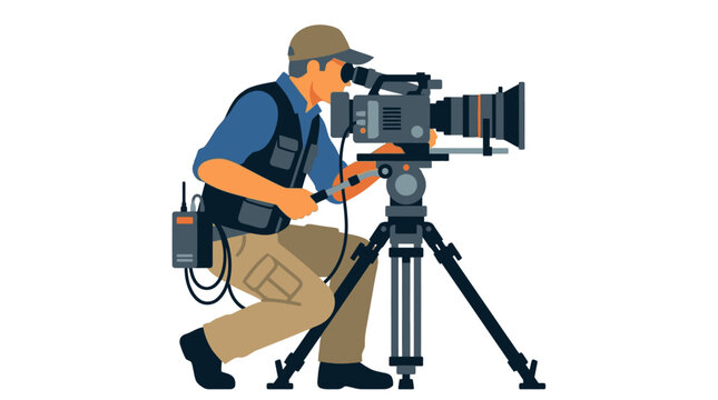 Skilled professional cameraman actively operating a high-end cinema camera on a tripod, capturing footage for film and media production