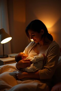 Tender Young Mother Holding Newborn Baby in Cozy Bedroom at Night