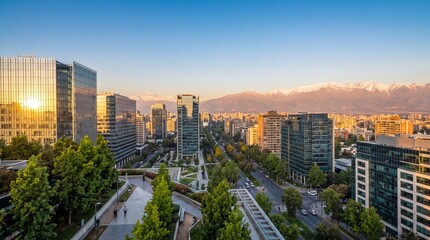 Obraz premium Modern Santiago business district with Andes Mountains at golden hour