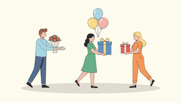 Group of friends walking towards each other holding gifts balloons and flowers to celebrate a special occasion.
