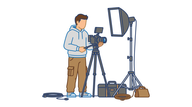 Professional male videographer setting up camera on tripod with studio softbox lighting vector illustration