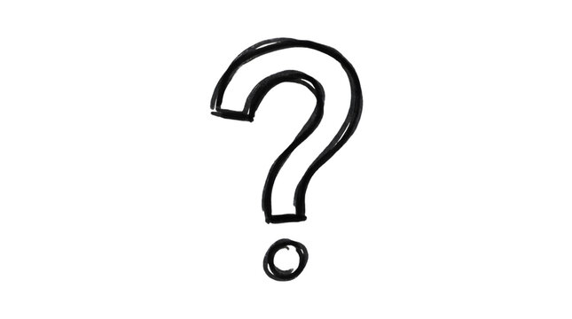 Hand-drawn question mark on white background, black ink sketch of interrogation symbol, concept of confusion and curiosity
