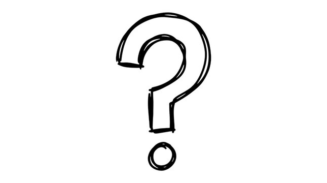 Hand-drawn question mark on white background, black ink doodle of interrogation point, concept of confusion and curiosity