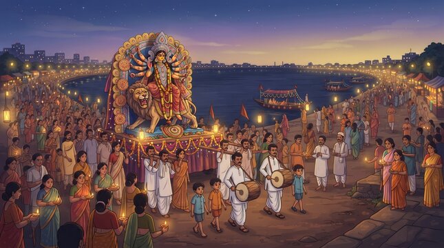 Grand temple pandal structure setup for traditional Durga Puja festival celebration with worshippers gathered at dusk
