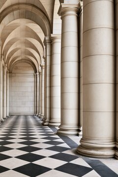 Classical marble colonnade with arched ceiling and black and white checkerboard floor for architectural background, editorial and travel design