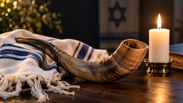 Yom Kippur Shofar with White Tallit and Candle in a Solemn Jewish Prayer Setting