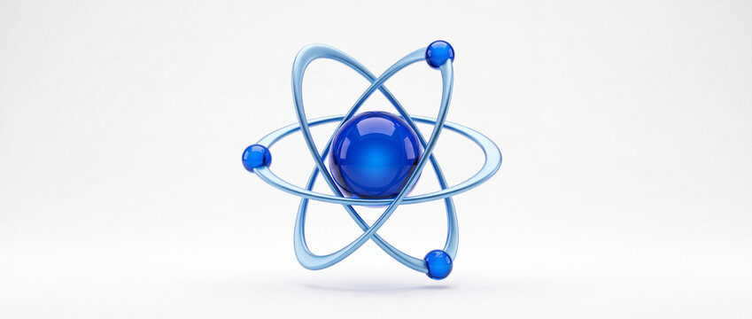 Atom model with orbiting electrons rendered in glossy blue metallic material on white studio background, ideal for physics research, nuclear energy, and science education