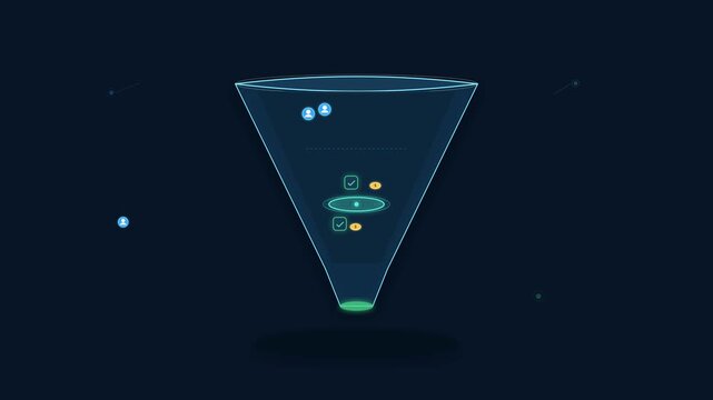 Premium 2.5D sales funnel and CRM animation showing customer leads entering a glowing glass funnel, converting into sales icons and gold coins, symbolizing lead generation, conversion and revenue grow