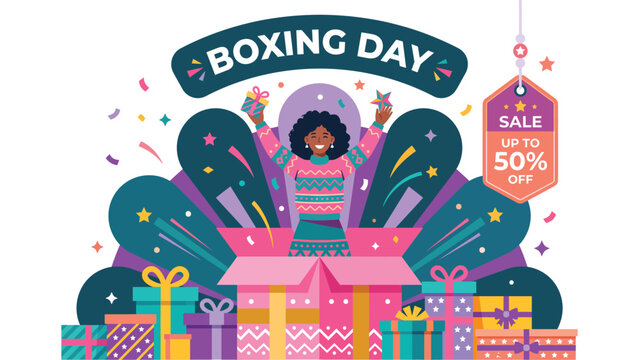 Woman celebrating Boxing Day sale with colorful gifts, confetti and discount tag.