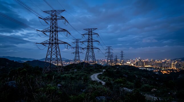 Power transmission towers on a hill overlooking a city skyline at dusk