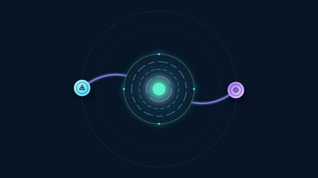 Premium 2.5D DEX crypto swap animation showing two glowing digital tokens exchanging through a luminous decentralized liquidity pool with flowing neon energy on a dark navy background.