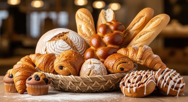 A basket overflows with a variety of freshly baked breads and pastries. Several loaves of crusty baguette, a round loaf with a seed pattern, and a braided roll are prominently displayed.