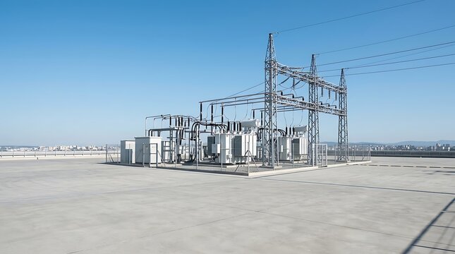 High voltage electrical substation with transformers and power lines against a clear blue sky