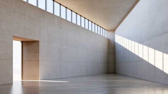 Minimal concrete interior with high clerestory windows and diagonal sunlight beam for architectural design, poster and background in a modern minimalist space